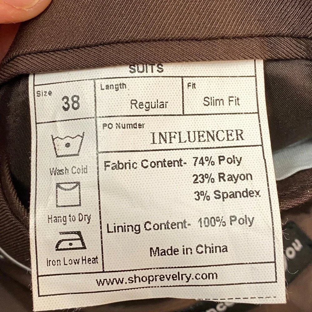 Revelry Suits Men's Brown Slim Fit Suit Jacket Blazer Size 38R Influence